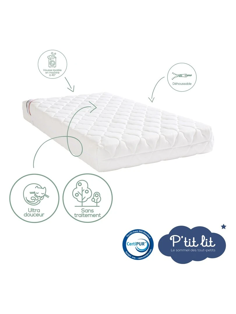Matelas Bébé Bamboo   60x120 cm   Déhoussable   Blanc