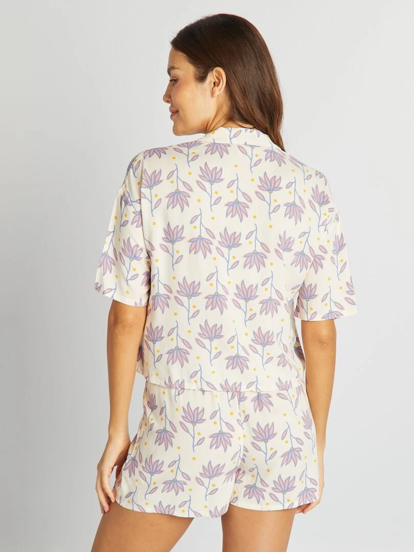 Pyjama chemisier + short imprimé maxi fleurs Beige