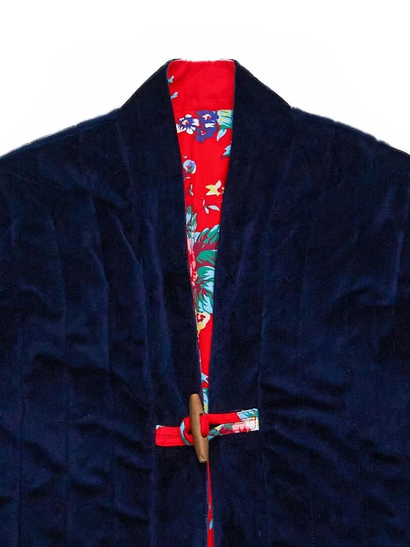 Veste Chinoise Fille  Velours Bleu Marine Réversible Fleurie Rouge  KIM    'LA FAUTE A VOLTAIRE'   Bleu marine