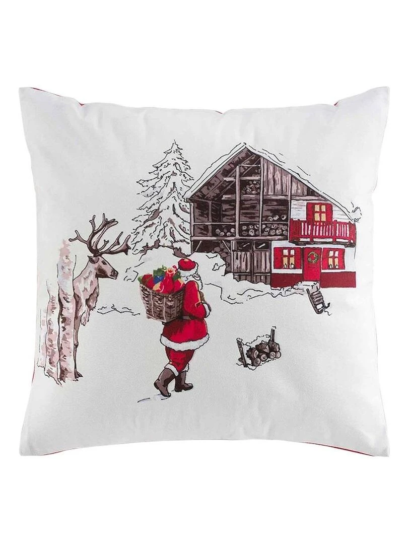 Coussin 40 x 40 cm Pere Noel et son chalet Blanc