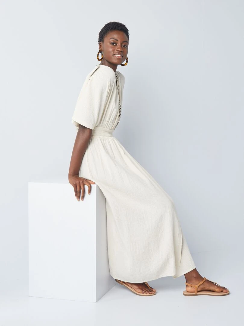 Robe longue en gaze de coton tressée   Beige