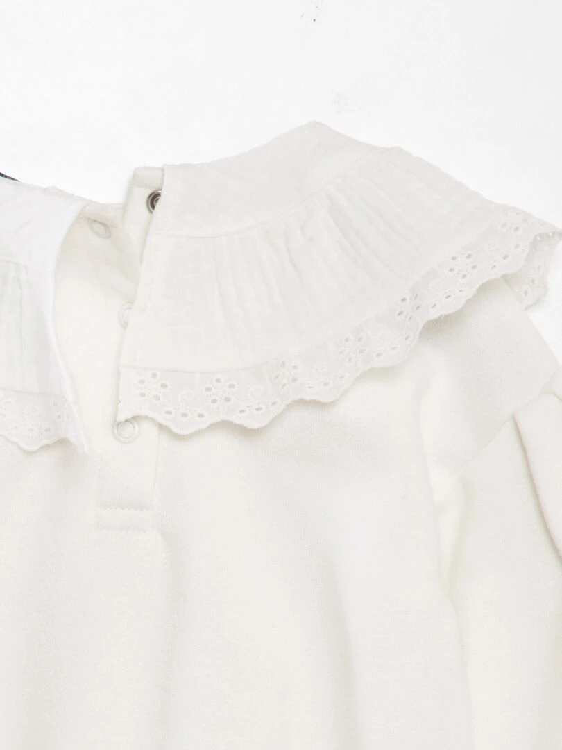 Sweat avec large col en gaze de coton + broderies   Blanc neige