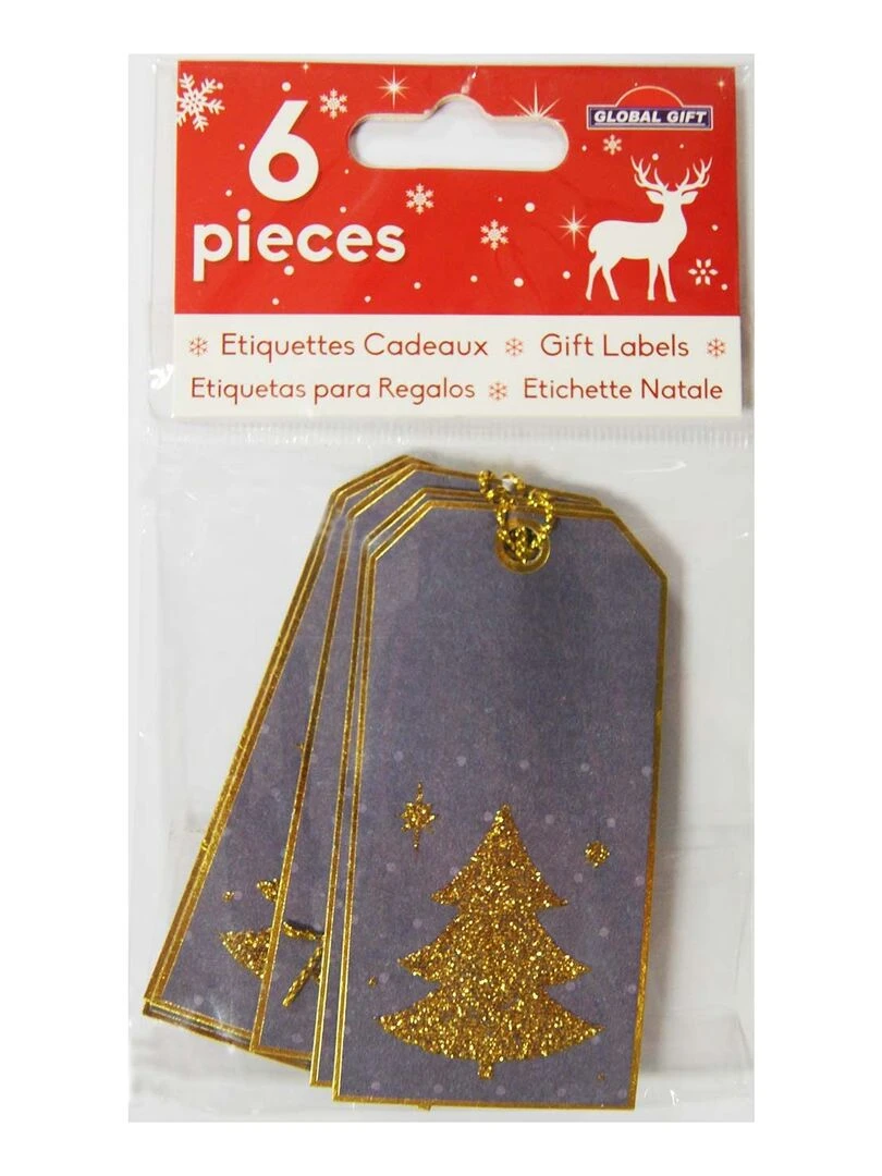 6 étiquettes cadeaux Sapin de Noël à paillettes dorées N/A