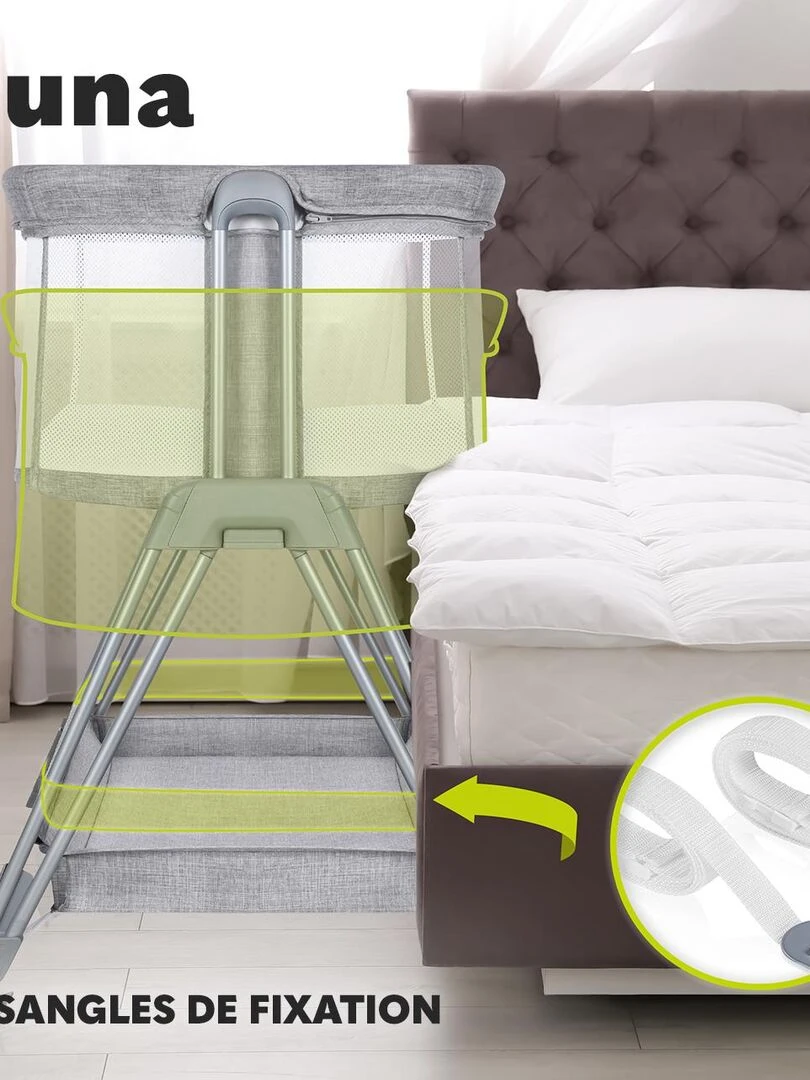 LIONELO Luna Lit évolutif cododo avec matelas De 0 Kg à 9 Kg Hauteur et inclinaison réglables Beige