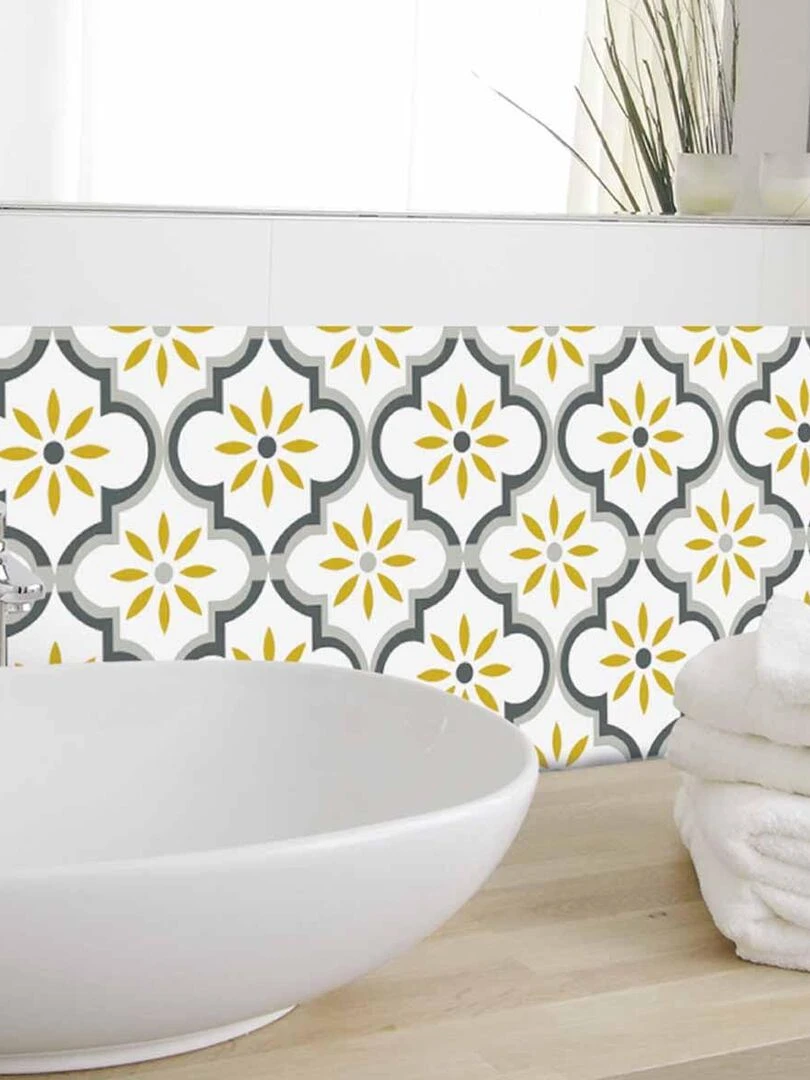Stickers carrelage 15 x 15 cm   Motif floral ochre et gris   N/A