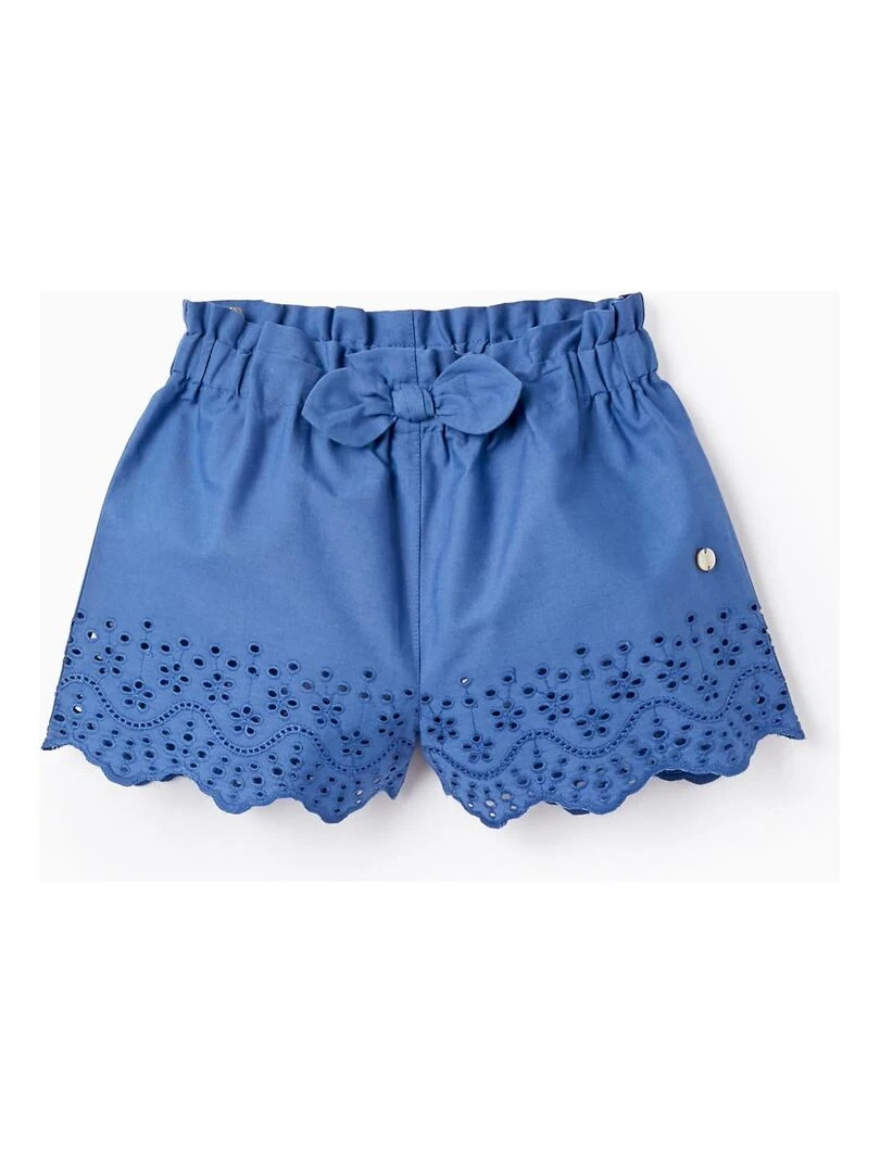 Short en Coton avec Broderie Anglaise pour Bébé Fille Bleu