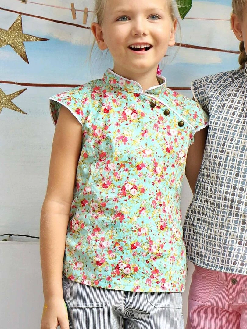 Blouse Chinoise à col Mao Fille Fleurie Liberty Vert ANNAM 'LA FAUTE A VOLTAIRE' Vert d'eau