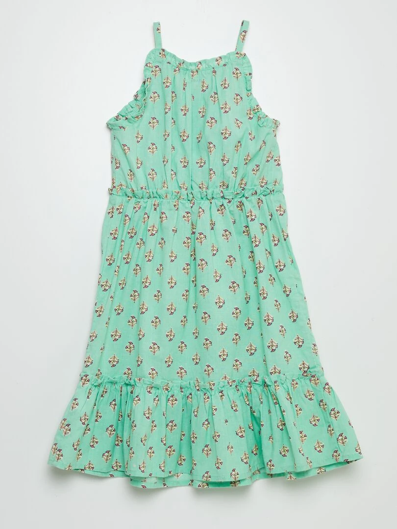 Robe corolle à motif avec base volantées Vert