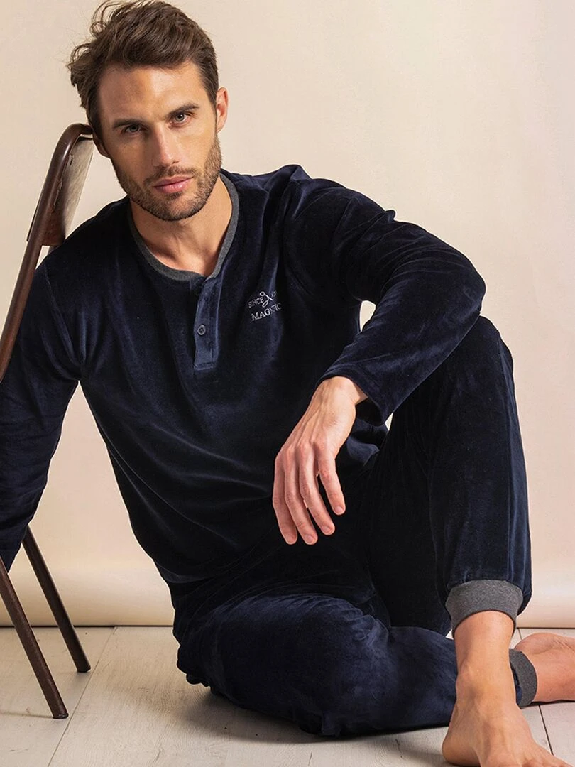 Pyjama velours tenue d'intérieur pantalon et haut Home   Bleu marine