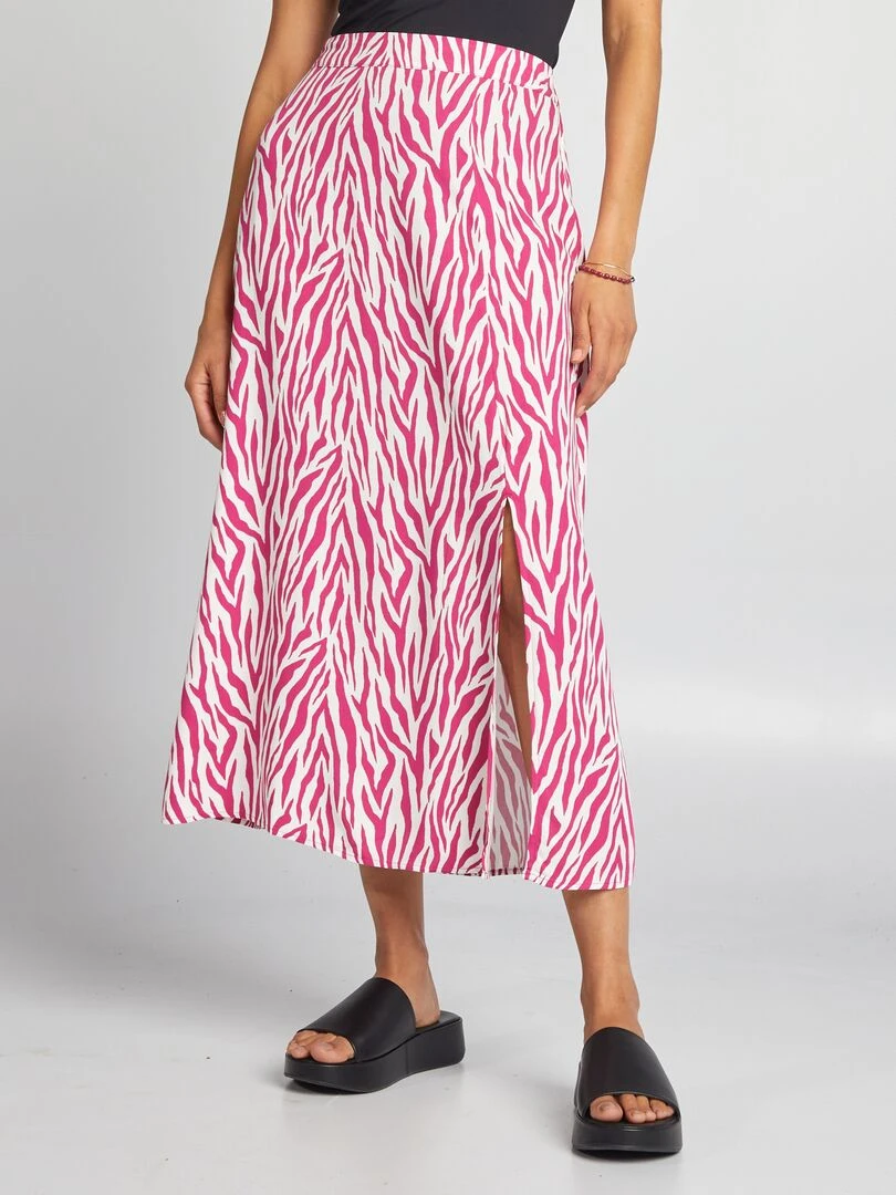 Jupe fluide midi imprimée rose/bla c