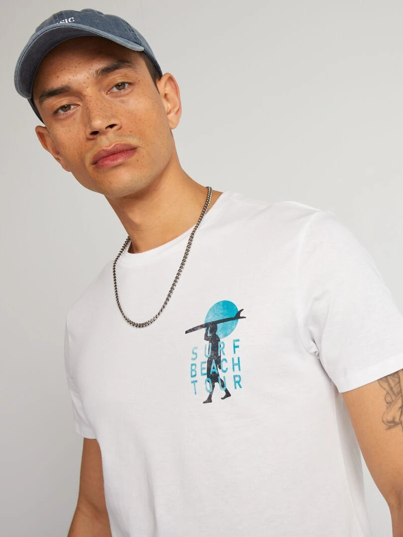 T shirt en coton imprimé à col rond Blanc