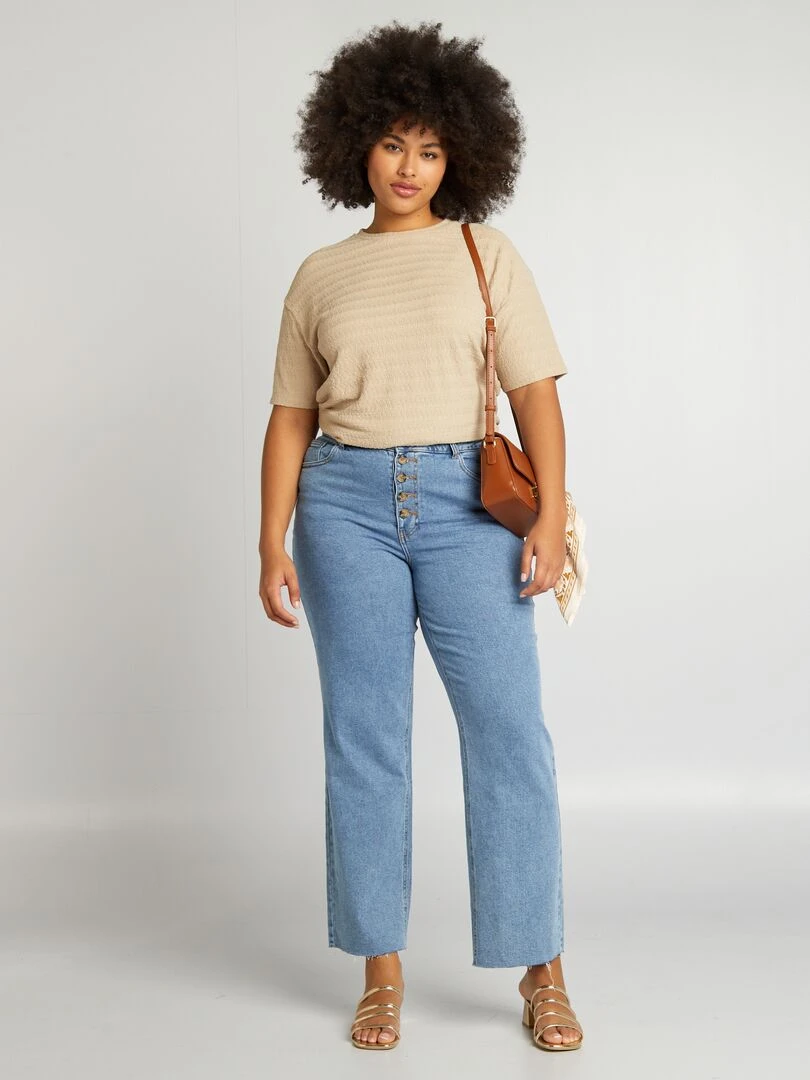 T shirt en matière gaufrée manches courtes Beige