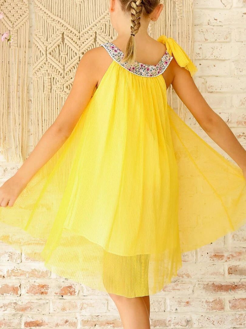 Robe Cérémonie Fille  Voile Jaune Col Fleuri Liberty Lilas  ALIZEE   La Faute à Voltaire   Jaune
