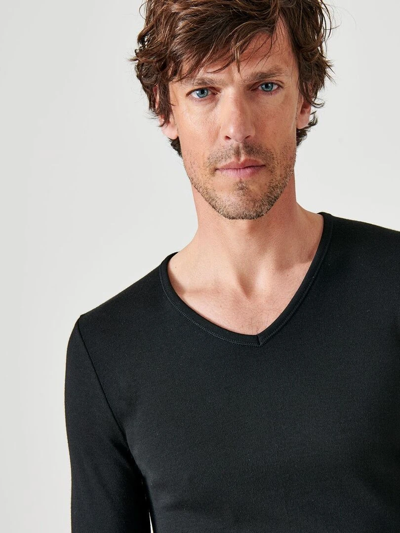 T shirt col V maille interlock Thermolactyl Damart Noir