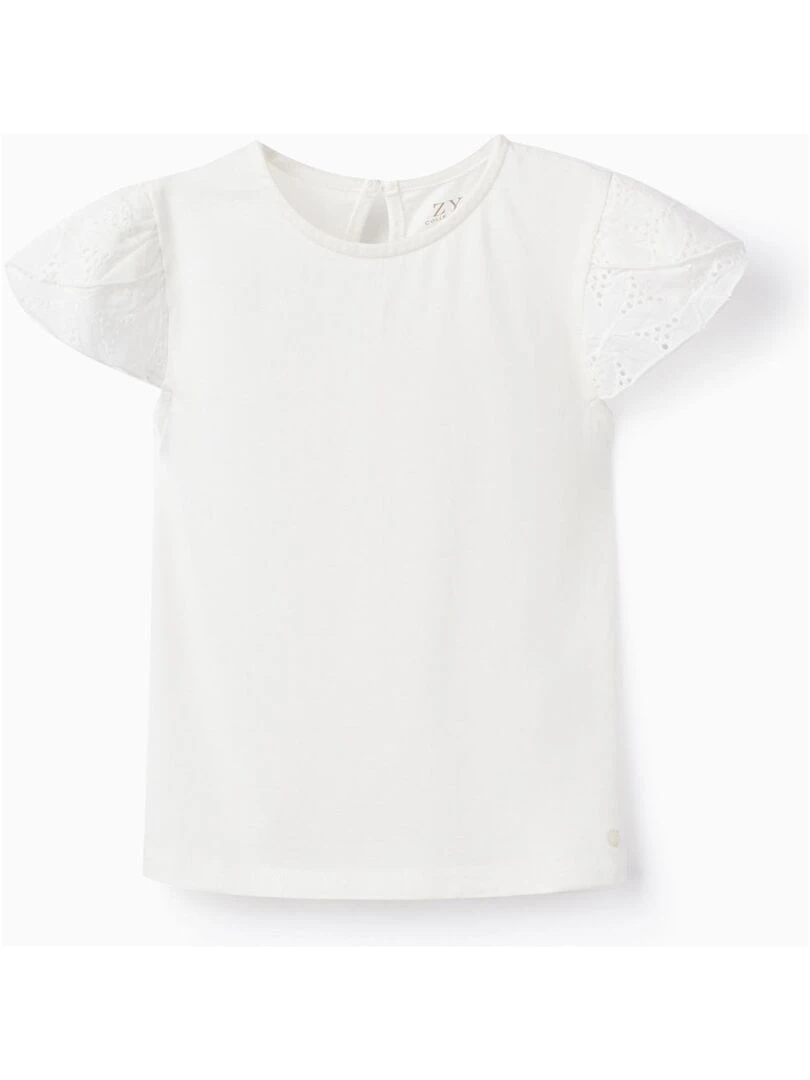 T Shirt En Coton Avec Broderie Anglaise Pour Bébé Fille manches courtes ATLANTIC COMPANY Beige clair
