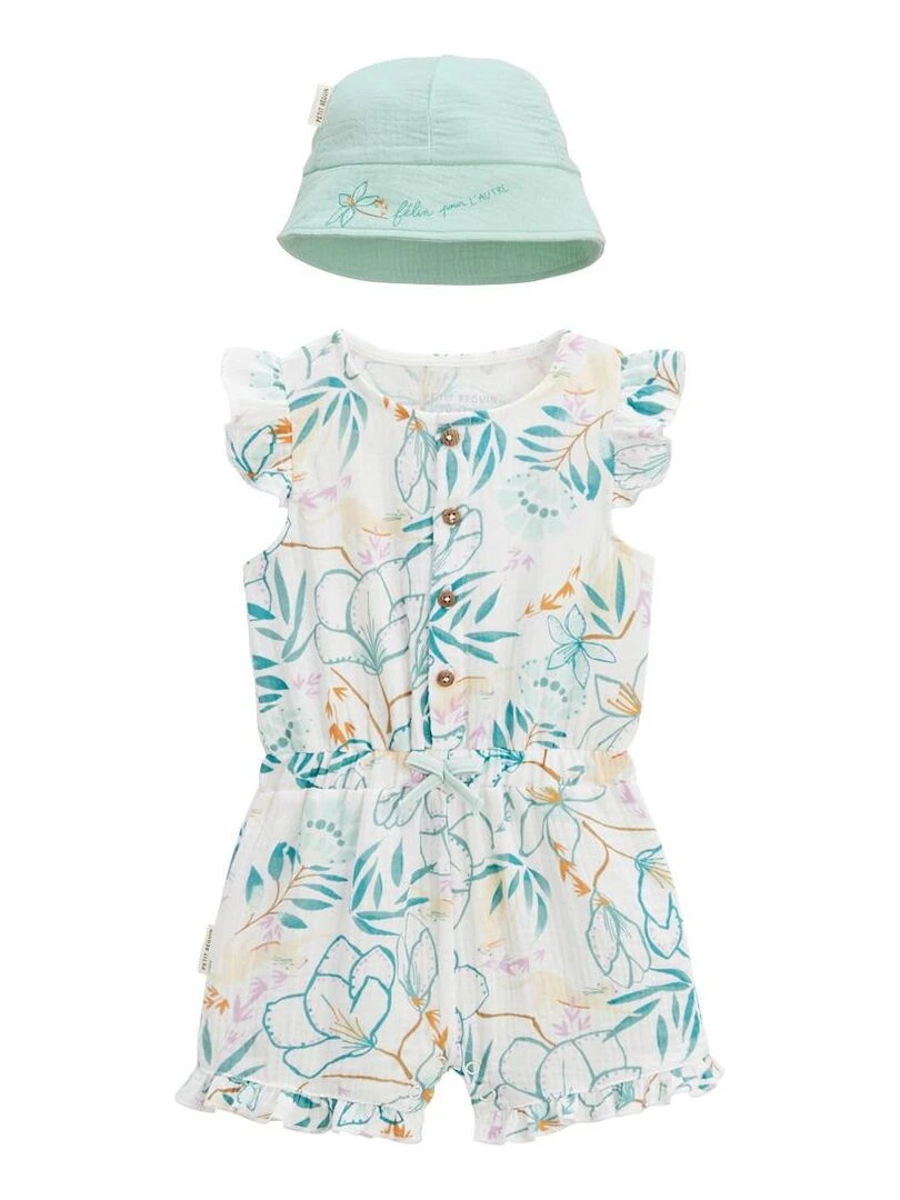 Combishort bébé + chapeau en gaze de coton Patroika Ecru