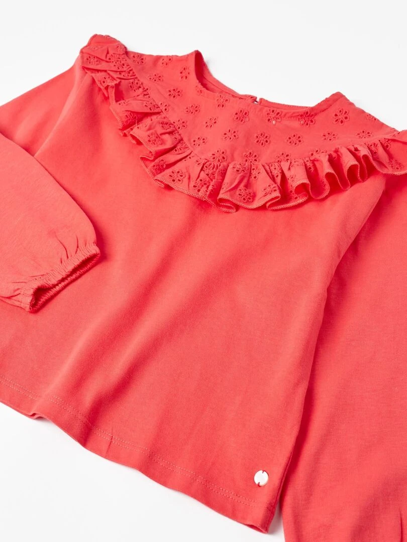 T shirt à manches longues avec volants et broderie anglaise pour fille manches longues SPRING BEGINS   Rose