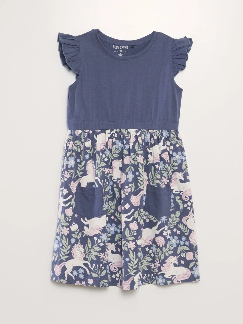 Robe imprimée bi matière Bleu marine
