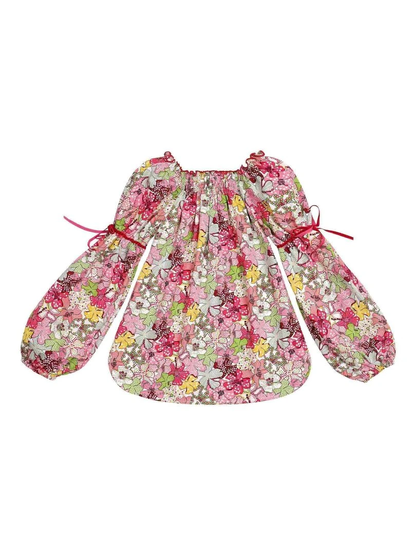 Blouse Fleurie Liberty Rouge à col Smocks Fille  CHIMENE   'LA FAUTE A VOLTAIRE'   Rouge