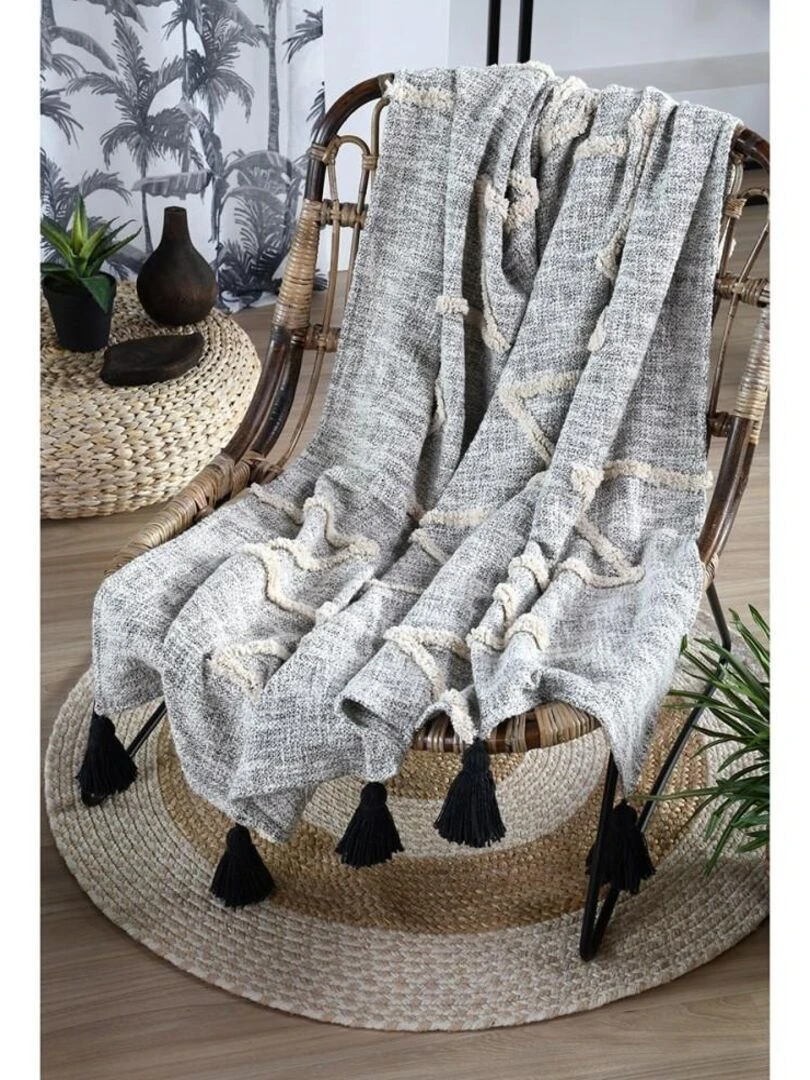 Plaid 125x150 cm Benito naturel coton   Noir