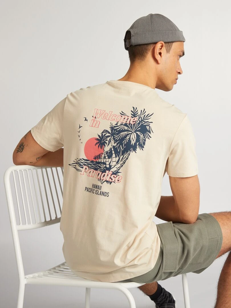 T shirt en coton imprimé à col rond Beige