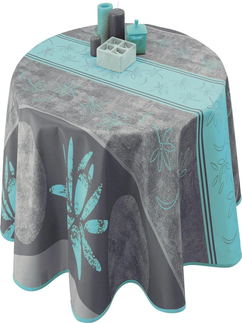 Nappe Anti taches Lotus Turquoise   Ronde 160 cm   Gris Bleu