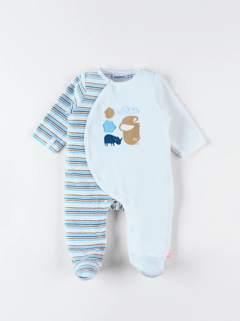 Pyjama 1 pièce rayé rhino & éléphant en velours Noukie's Blanc
