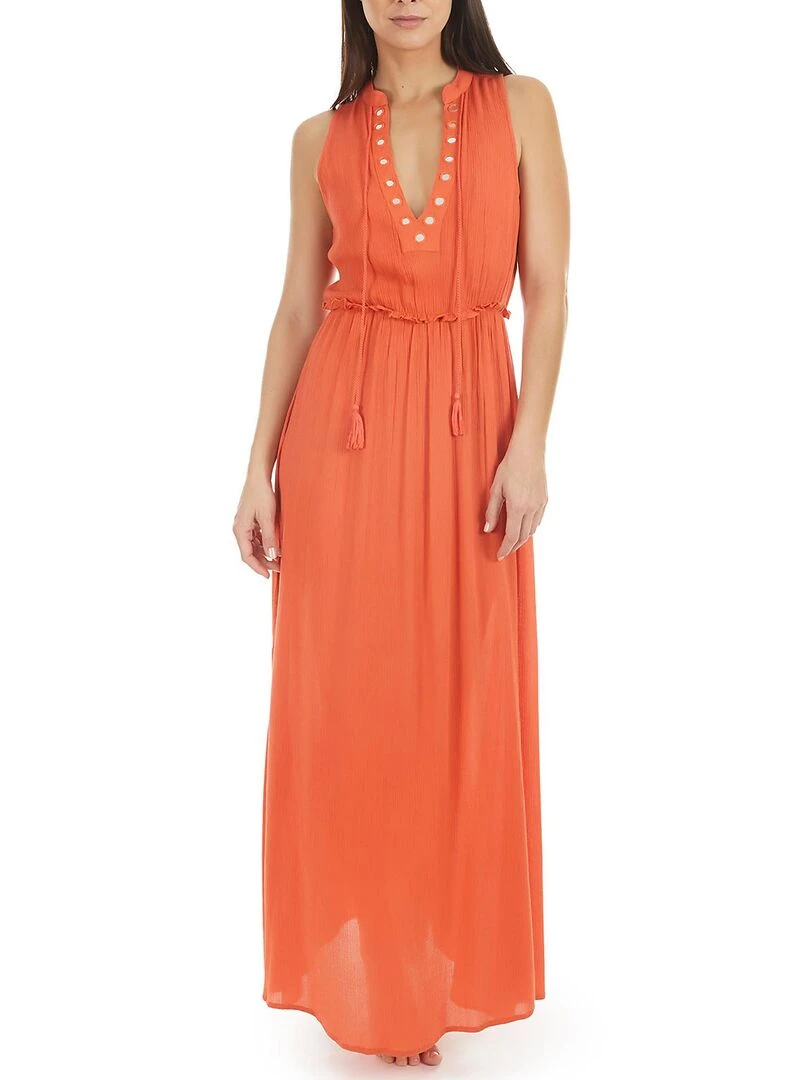 Robe longue estivale sans manches Orange corail