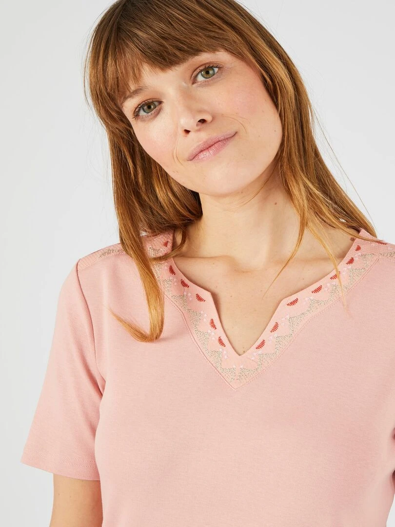 T shirt brodé pur coton Damart Rose