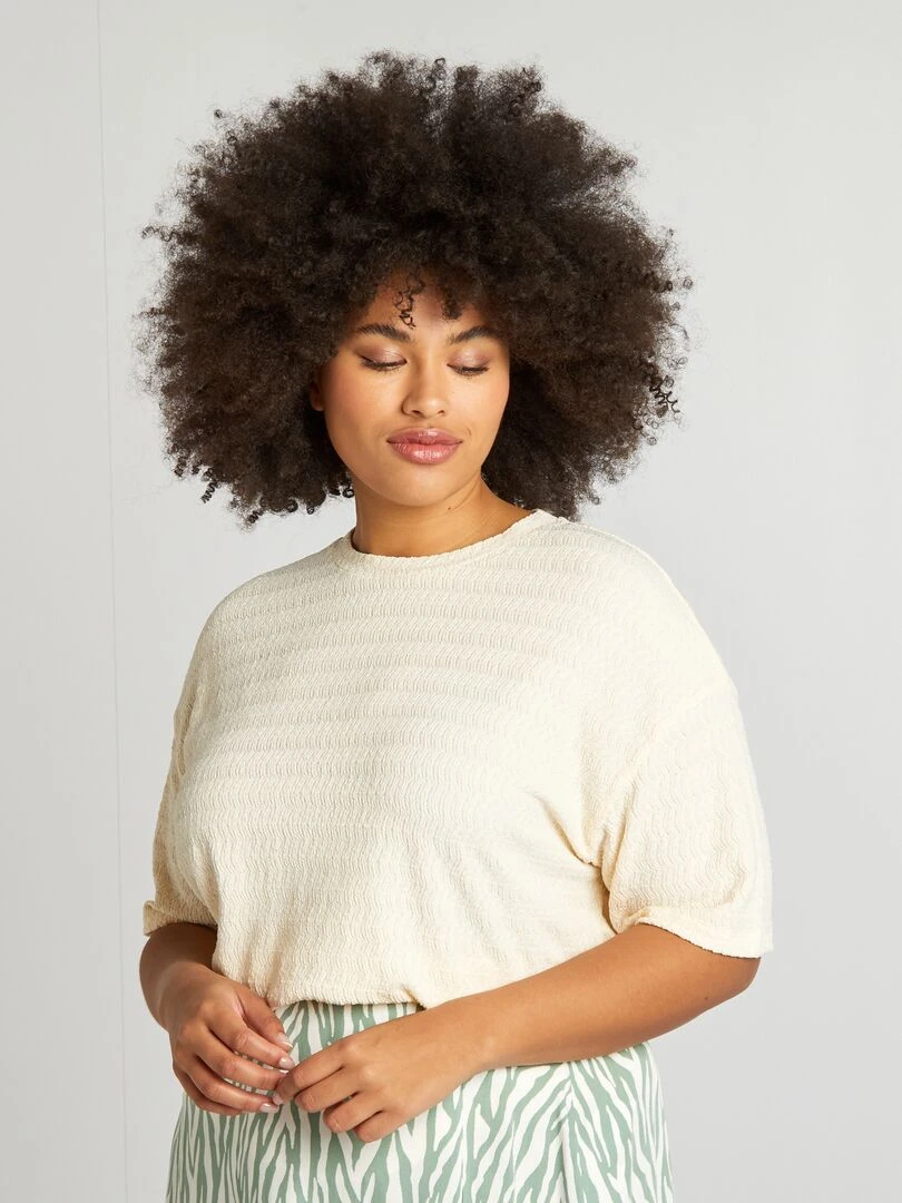 T shirt en matière gaufrée manches courtes Blanc