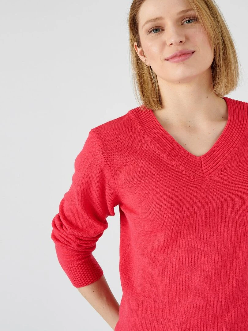 Pull col "V" maille jersey   Damart   Rose framboise