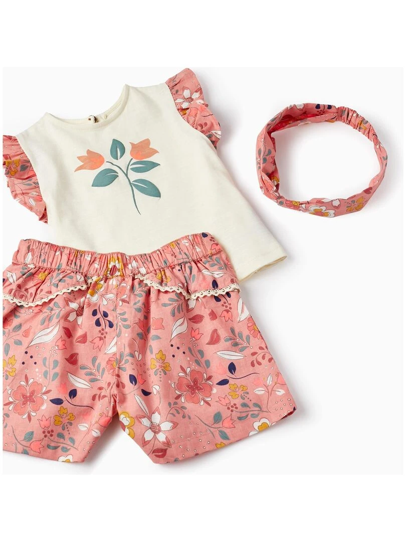 Serre tête + T shirt + Short pour Bébé Fille 'Floral'   Orange clair
