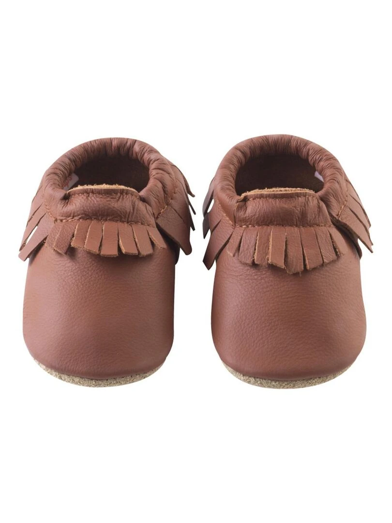 Chaussons cuir souple à franges marron Marron noisette