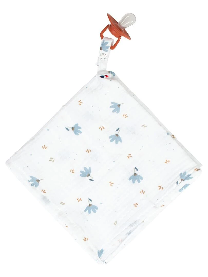 Doudou lange attache tétine en gaze de coton Bleuet Multicolore