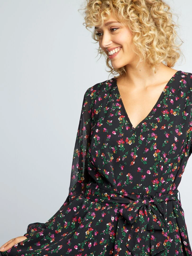 Robe à motif avec ceinture à nouer   Noir fleuri