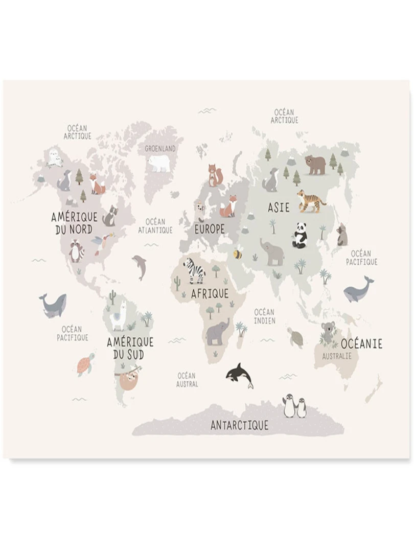 Affiche carte du monde animaux (42 x 29 7 cm) Beige