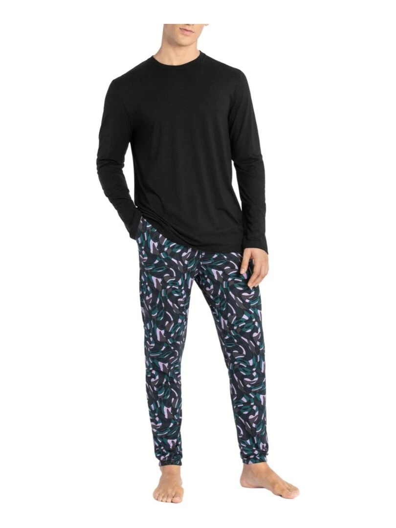 Pyjama long en lyocell et à imprimé abstrait Masato vert et lilas Noir