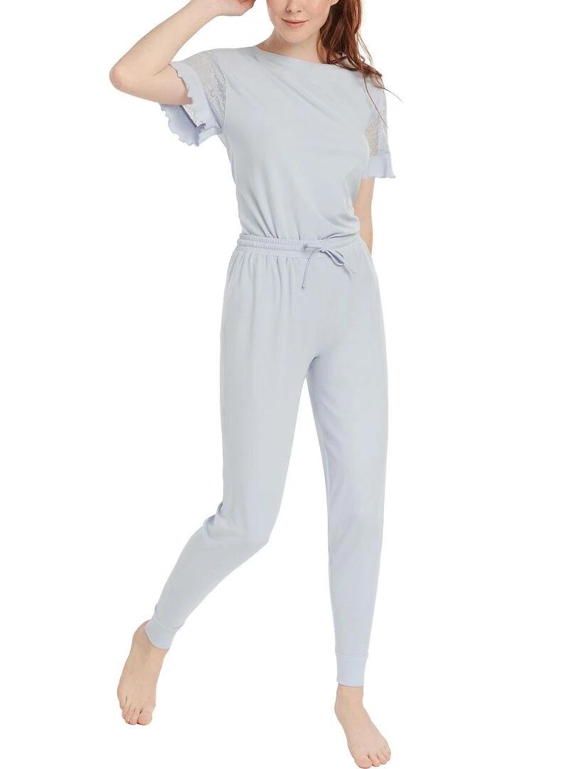 Pyjama pantalon top manches courtes Smooth   Bleu ciel