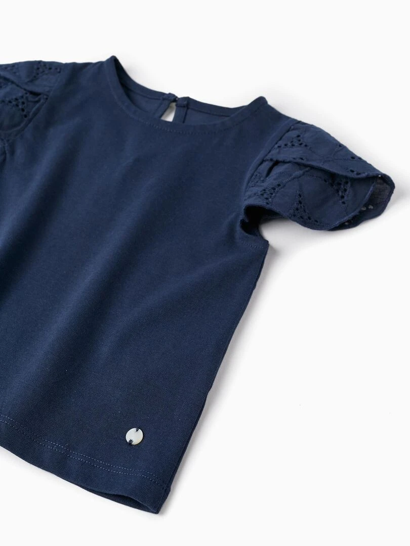 T shirt à manches courtes avec broderie anglaise pour bébé fille manches courtes ATLANTIC COMPANY   Bleu foncé