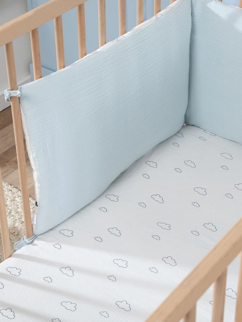 Lot de 2 draps housse en gaze de coton Blanc/bleu