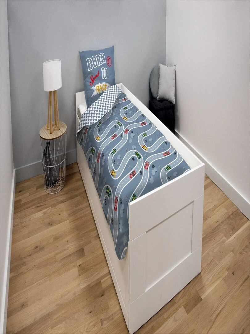 Housse de couette Voiture Lou&Loup 140x200 cm et taie d'oreiller 100% Coton Gris