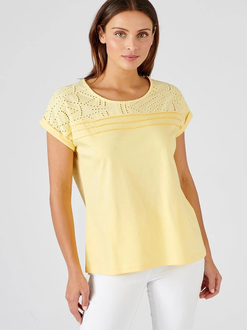 Tee shirt détails broderie anglaise Damart Jaune pâle