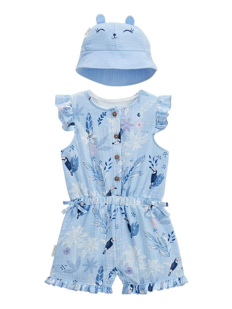 Combishort bébé + chapeau en gaze de coton bleue Bella Chica Bleu