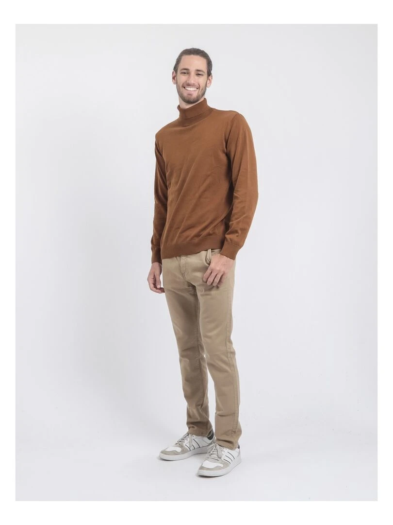 Pull col roulé pur coton LODIRK   Marron caramel