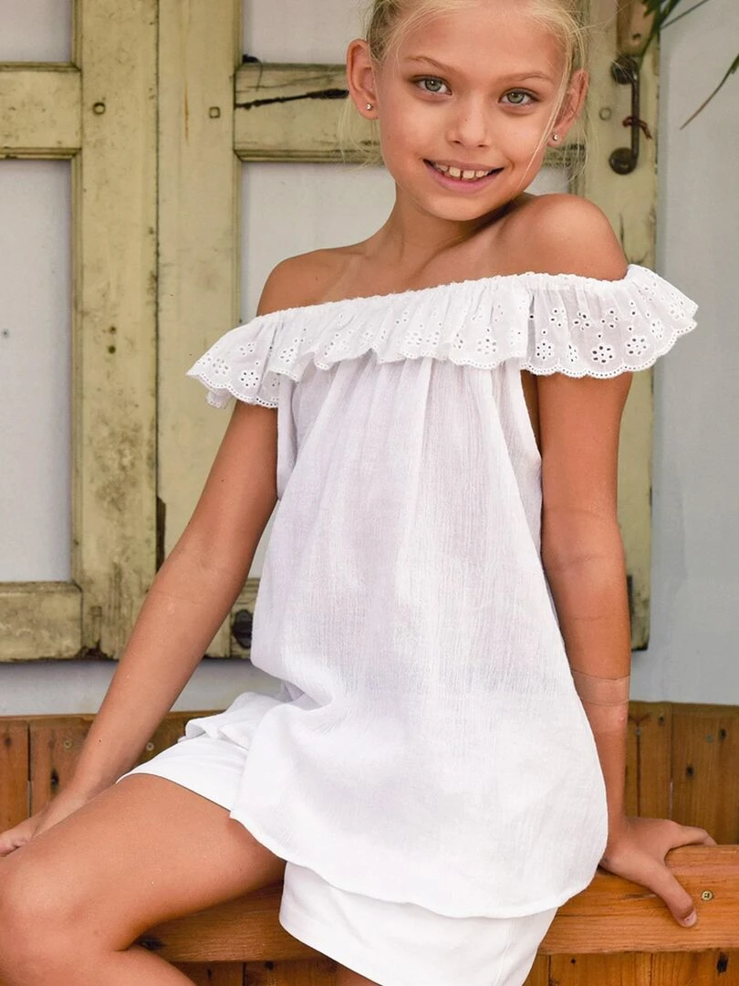 Blouse Blanche Été Fille Broderie Anglaise AURORE 'LA FAUTE A VOLTAIRE' Blanc