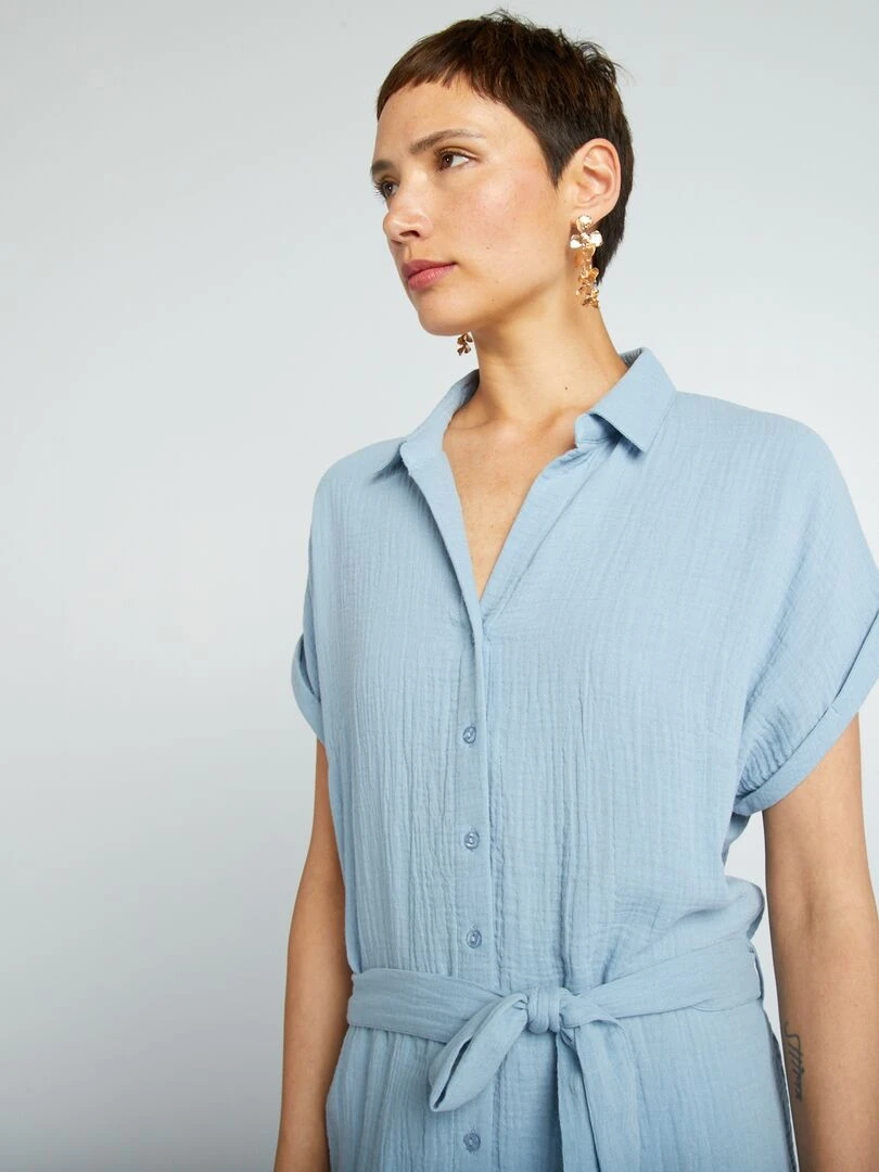 Robe courte forme chemise en double gaze de coton   Bleu