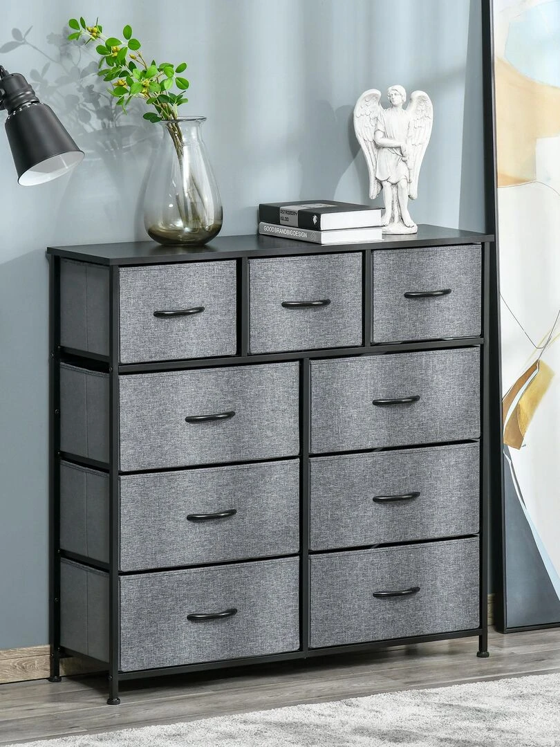 Rangement commode 9 tiroirs plateau acier MDF noir non tissé gris Gris