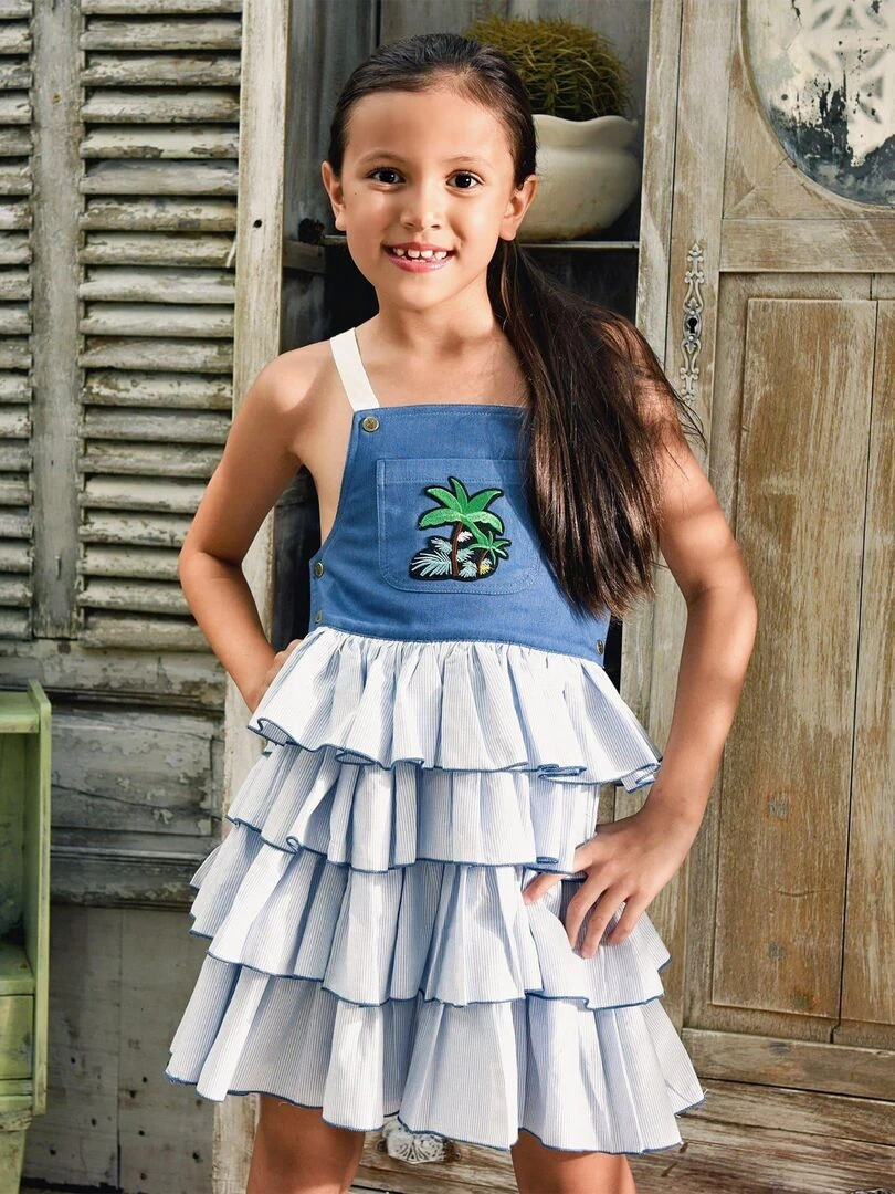 Robe Salopette Fille Volants Fines Rayures es GIGI 'LA FAUTE A VOLTAIRE' Bleu Bleu marine Blanc