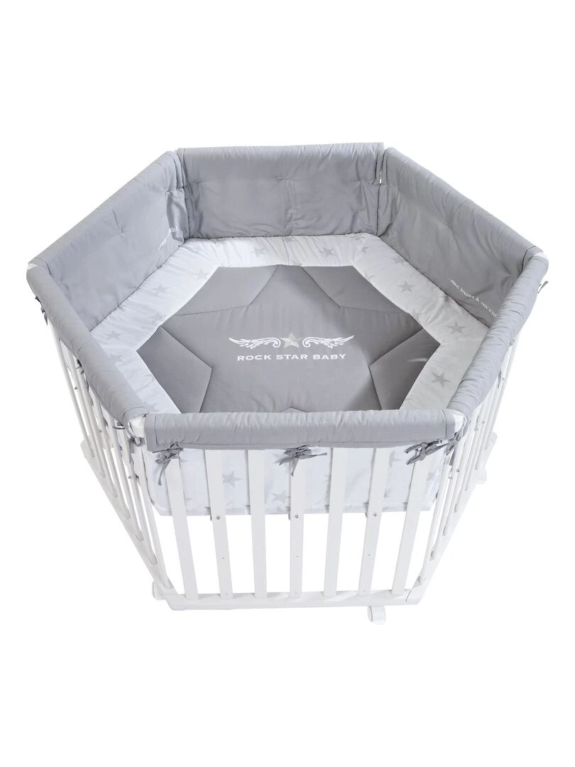 ROBA Parc Bébé Hexagonal en Bois "Rock Star Baby" + Tapis de Parc et Roues à Freins Blanc Blanc