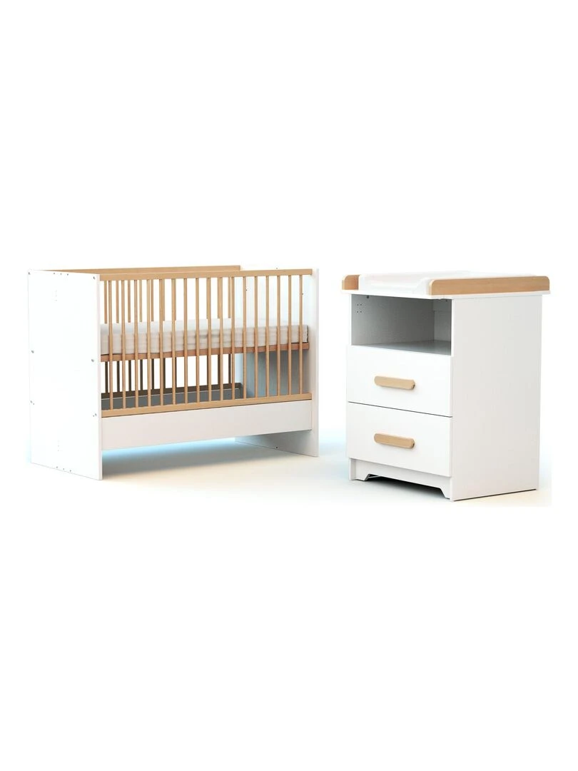 AT4 Combiné lit bébé évolutif Gavroche en bois Blanc et Hêtre 60 x 120 cm Marron clair